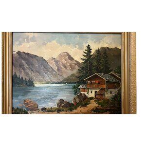 Vintage 60s MCM Framed Oil Painting Board Lake Boats Mountain Scene Signed House